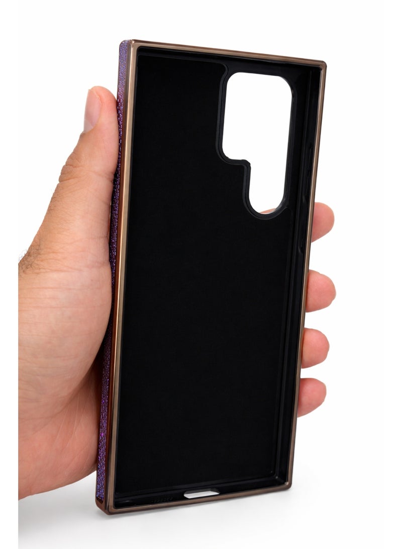جراب شحن لاسلكي مغناطيسي لهاتف Galaxy S24 Ultra - ظهر مزخرف بلون الجمشت الملكي الأرجواني مع إطار ذهبي شامبانيا، غطاء نحيف مقاوم للصدمات - Image 5